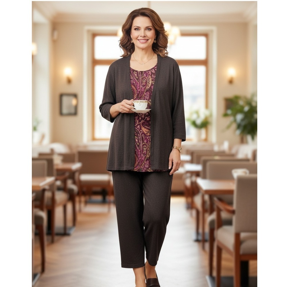 Studio 1940 Twinset Top Womens Sz 18/20 Brown Paisley Print Cardigan Grandmacore